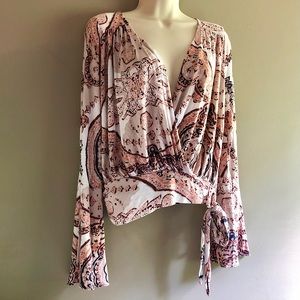 FREE PEOPLE Fiona Jersey Faux Wrap Tie Top Peach Ivory Shirt Blouse Boho Small S
